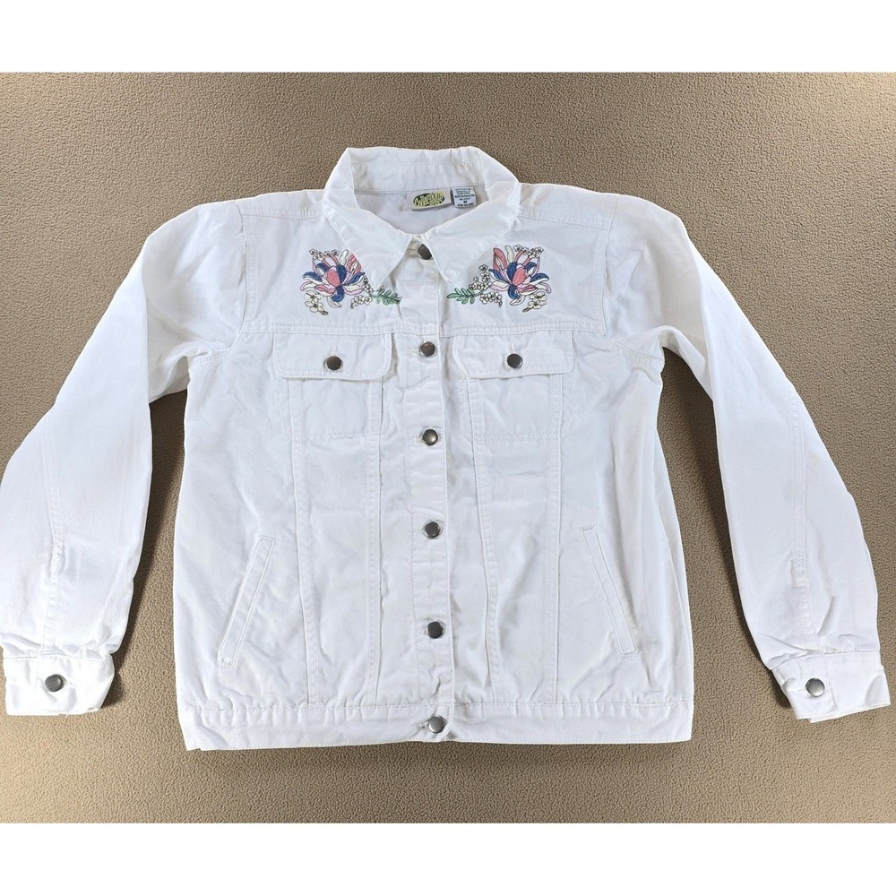 Collections ETC Womens White Floral Embroidered Denim Jean Jacket Medium